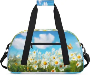 Daisy Gym Duffel Bag for Men Women Sky Butterflies Sports Tote Bag with Adjustable Shoulder Strap for Dance Gymnastics Traveling Outdoor Camping Overnight Stay