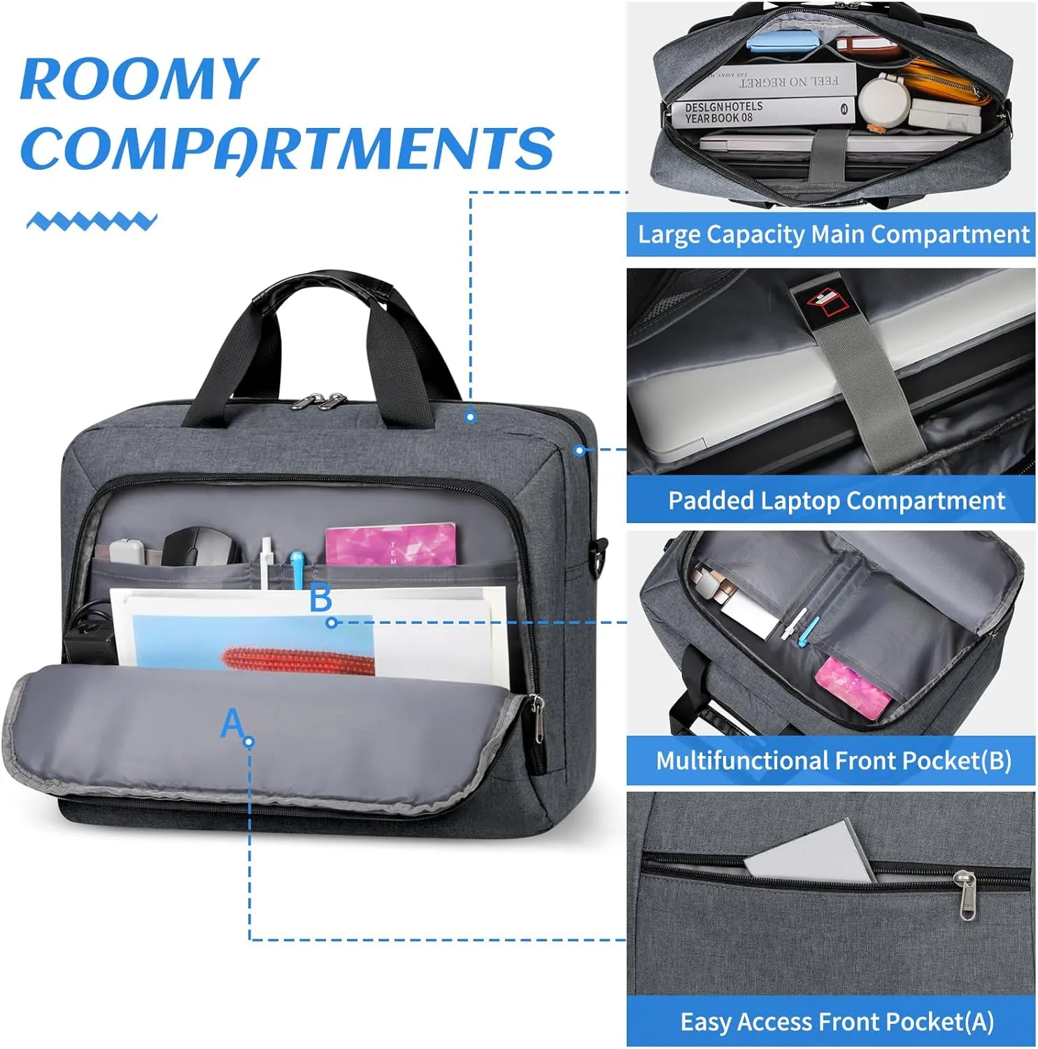 Dakuly Laptop Bag 17.3 Inch Laptop Briefcase Large Waterproof Laptop Case for Men Women Business Office Work Computer Bag 17 Inch Adjustable Shoulder Messenger Bag, Grey