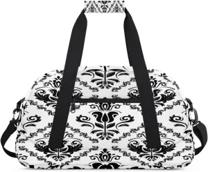 Damask Floral Gym Duffel Bag for Men Women Retro Pattern Sports Tote Bag with Adjustable Shoulder Strap for Dance Gymnastics Traveling Outdoor Camping Overnight Stay