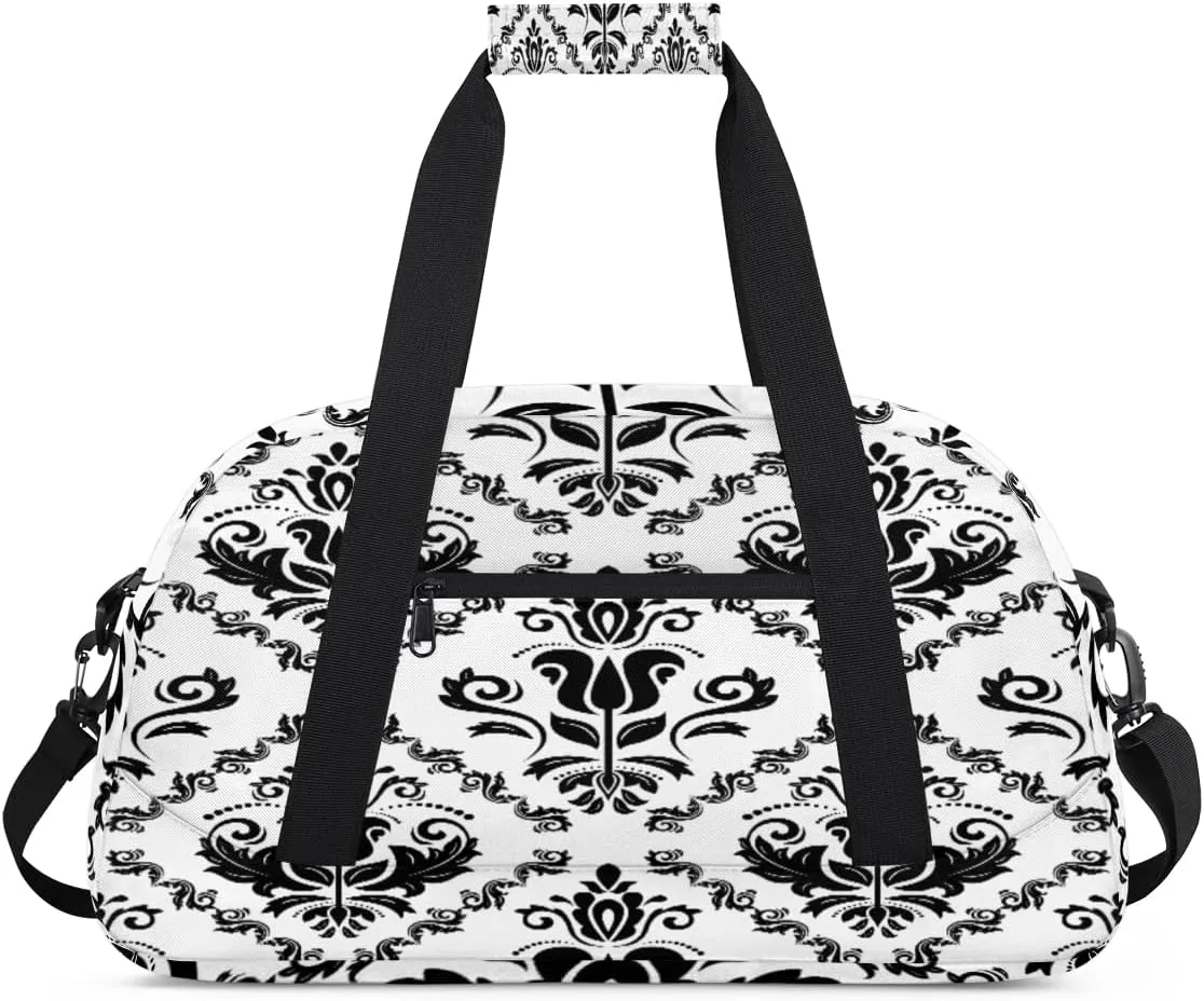 Damask Floral Gym Duffel Bag for Men Women Retro Pattern Sports Tote Bag with Adjustable Shoulder Strap for Dance Gymnastics Traveling Outdoor Camping Overnight Stay