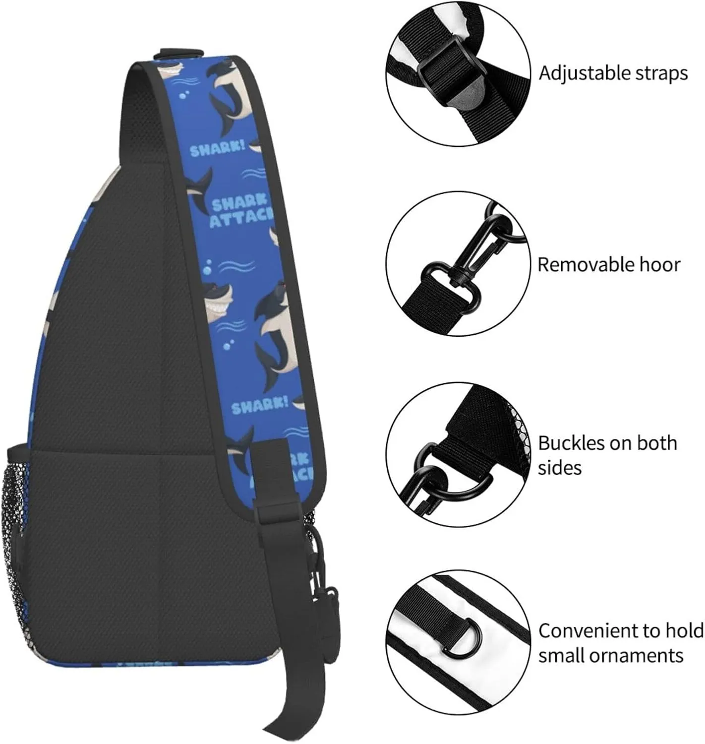 Dangerous Smiling Attack Sharks Chest Sling Bag Crossbody Shoulder Backpack Bag Gym Cycling Travel Hiking Daypack Cross Bag