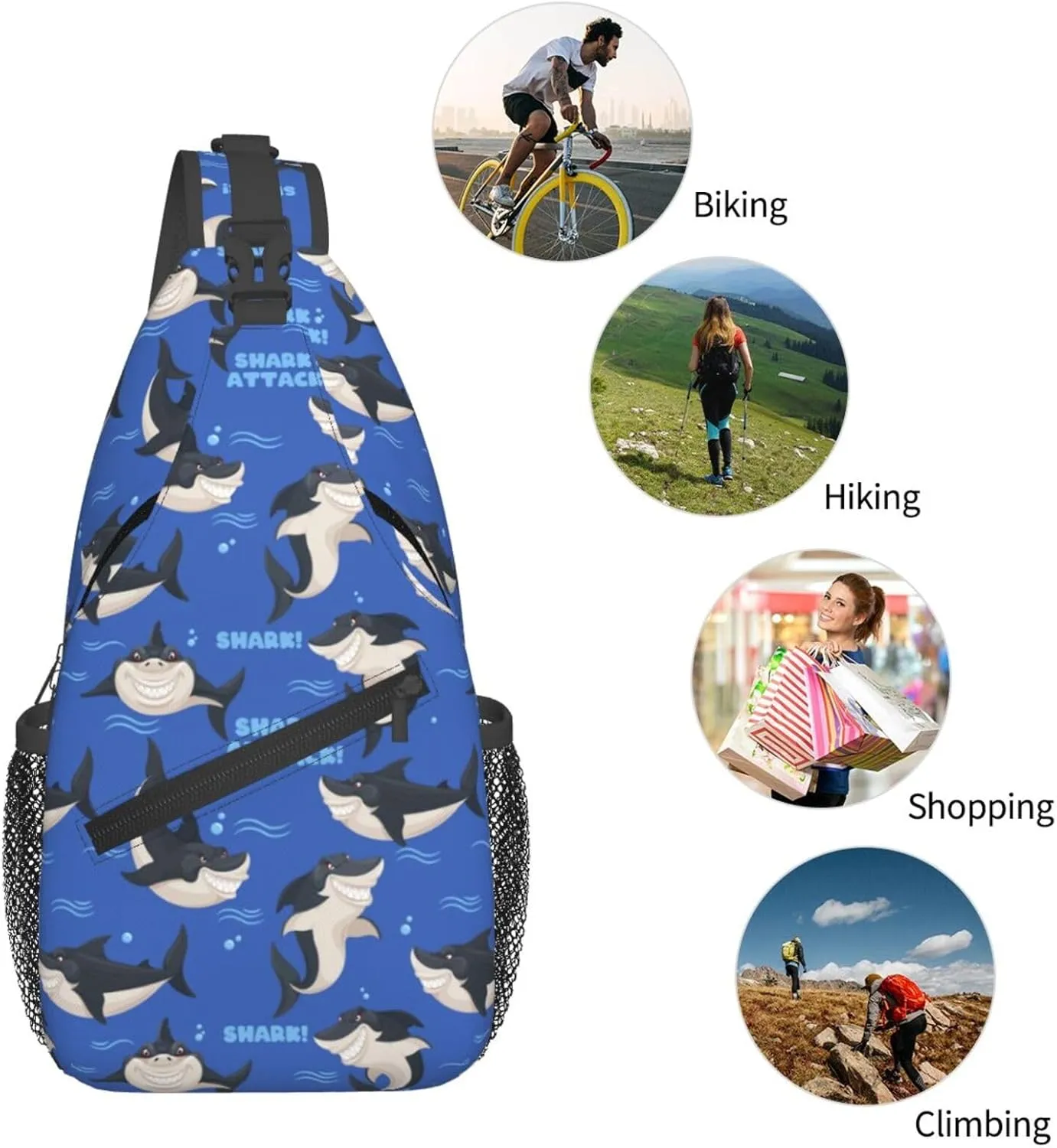 Dangerous Smiling Attack Sharks Chest Sling Bag Crossbody Shoulder Backpack Bag Gym Cycling Travel Hiking Daypack Cross Bag