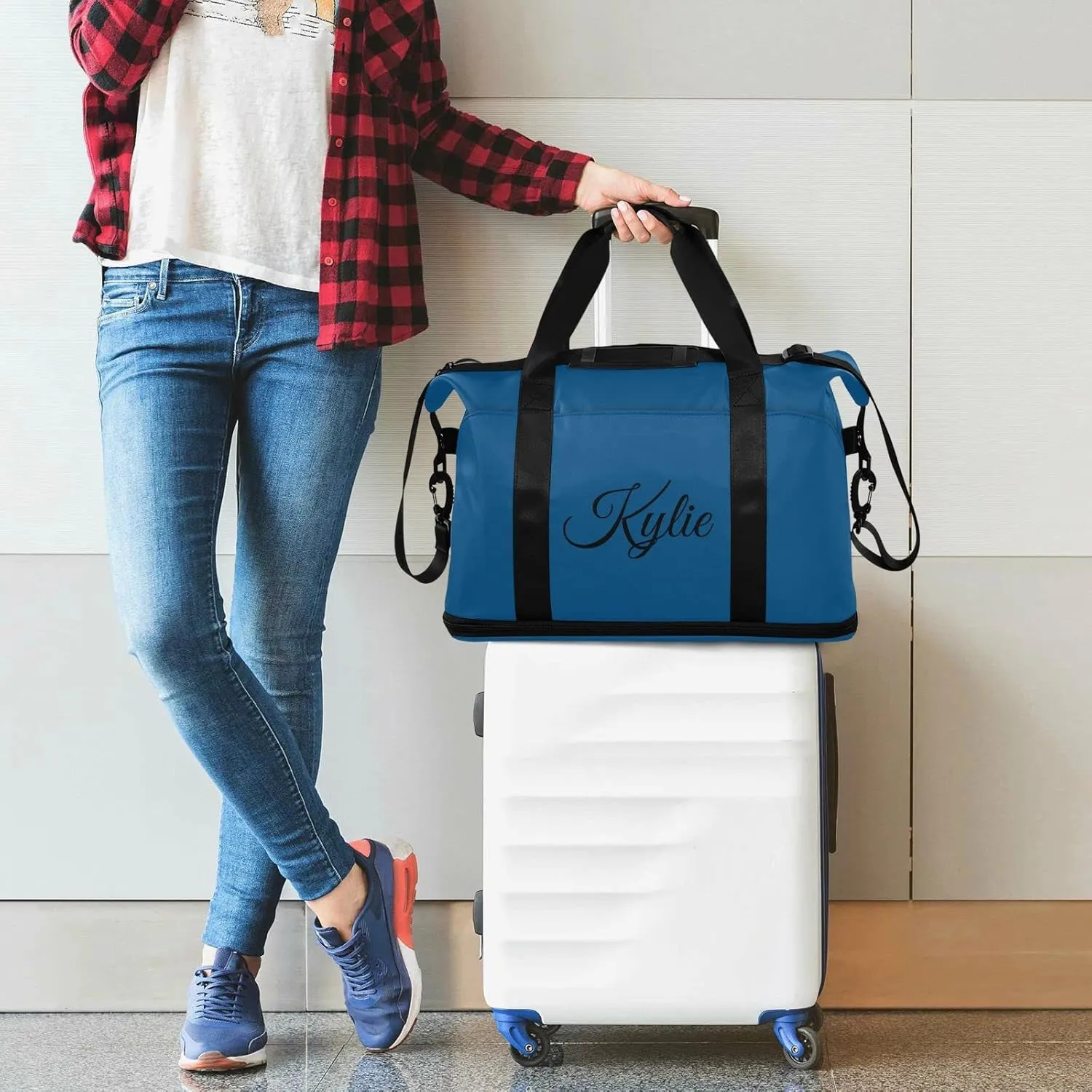 Dark Blue Custom Gym Bag for Women Men Personalized Duffel Bag with Shoe Compartment Weekender Bags Carry On Bag Overnight Bag for Gym Travel Yoga Men Sport Women