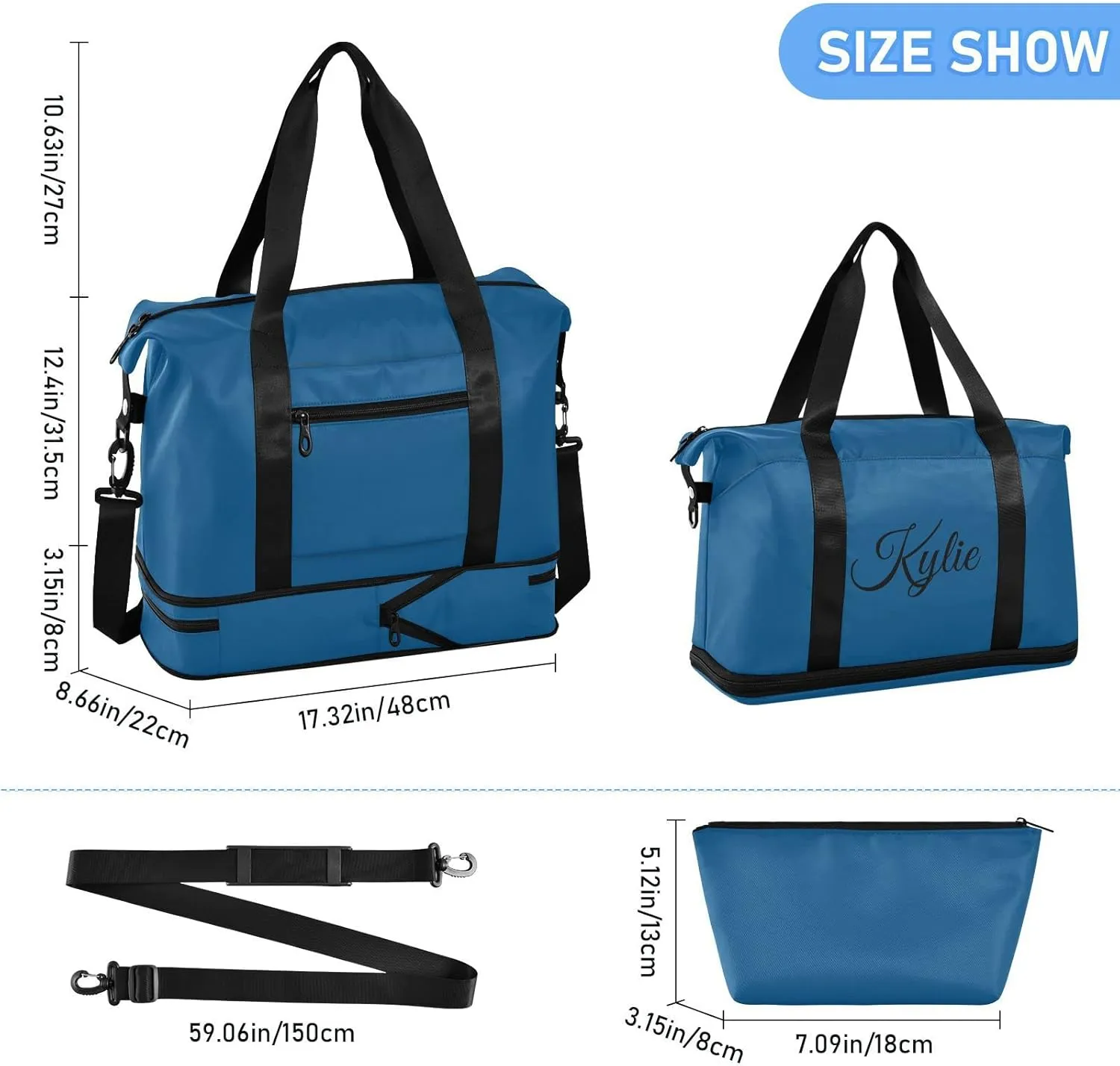 Dark Blue Custom Gym Bag for Women Men Personalized Duffel Bag with Shoe Compartment Weekender Bags Carry On Bag Overnight Bag for Gym Travel Yoga Men Sport Women