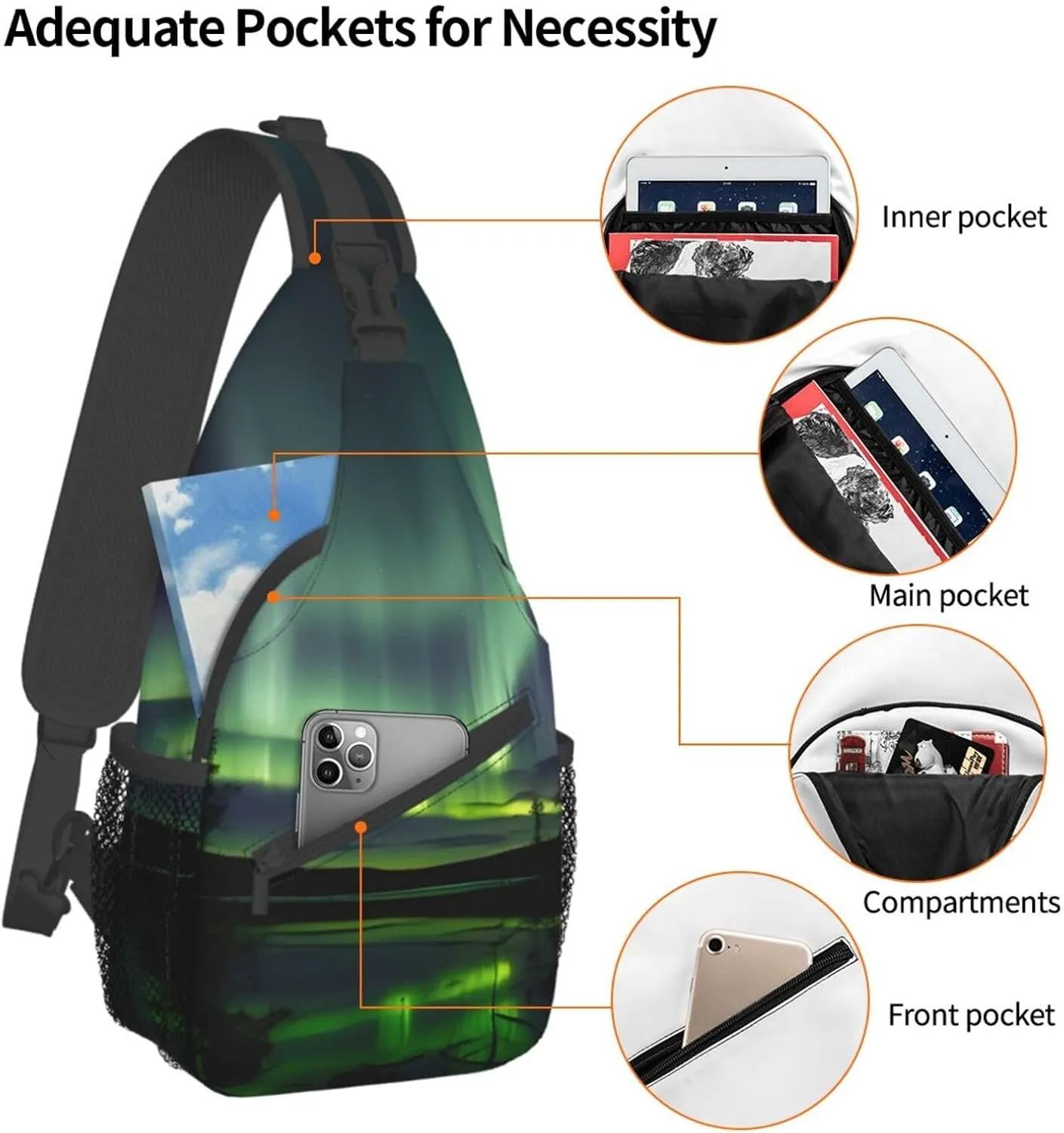 Dark Northern Lights Print Sling Backpack, Sling Bag, Crossbody Chest Bag Daypack, for Hiking Travel