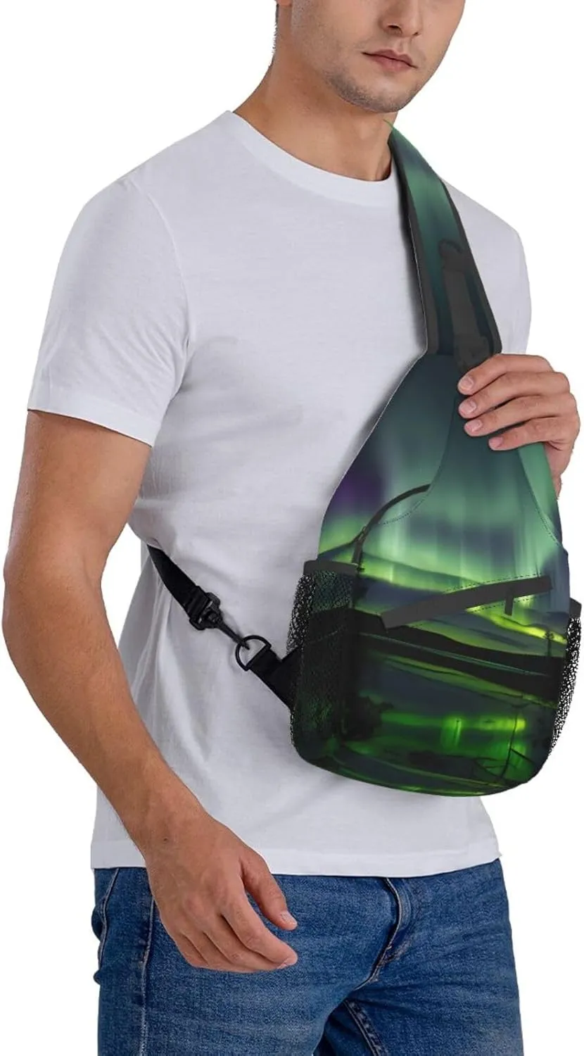 Dark Northern Lights Print Sling Backpack, Sling Bag, Crossbody Chest Bag Daypack, for Hiking Travel