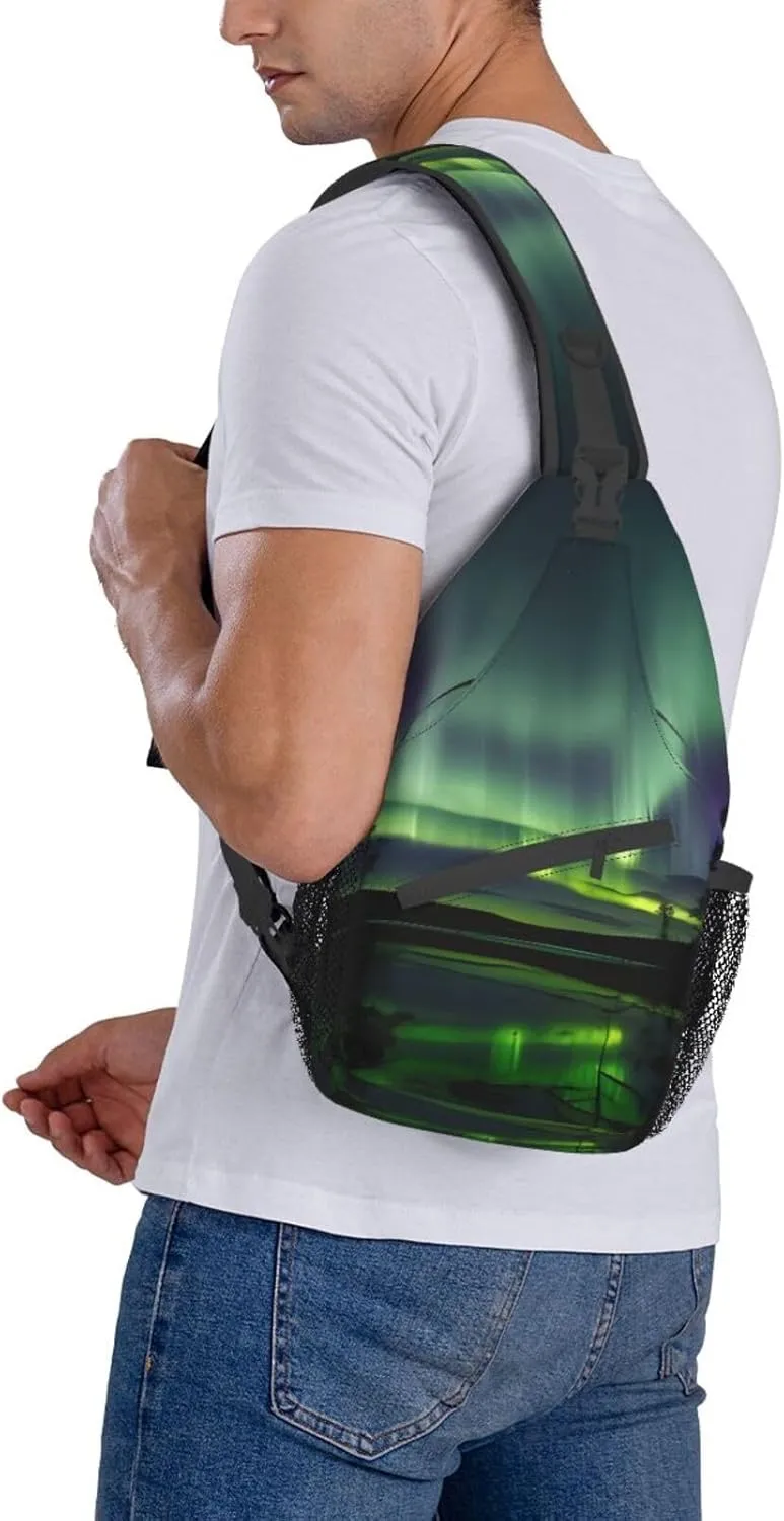 Dark Northern Lights Print Sling Backpack, Sling Bag, Crossbody Chest Bag Daypack, for Hiking Travel