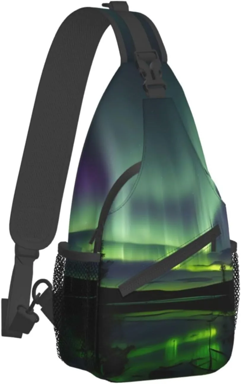 Dark Northern Lights Print Sling Backpack, Sling Bag, Crossbody Chest Bag Daypack, for Hiking Travel