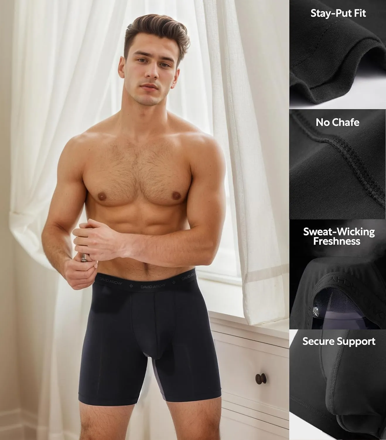 DAVID ARCHY Men's Underwear Micro Modal Dual Pouch Trunks Ball Pouch Bulge Enhancing Boxer Briefs for Men 3 or 4 Pack