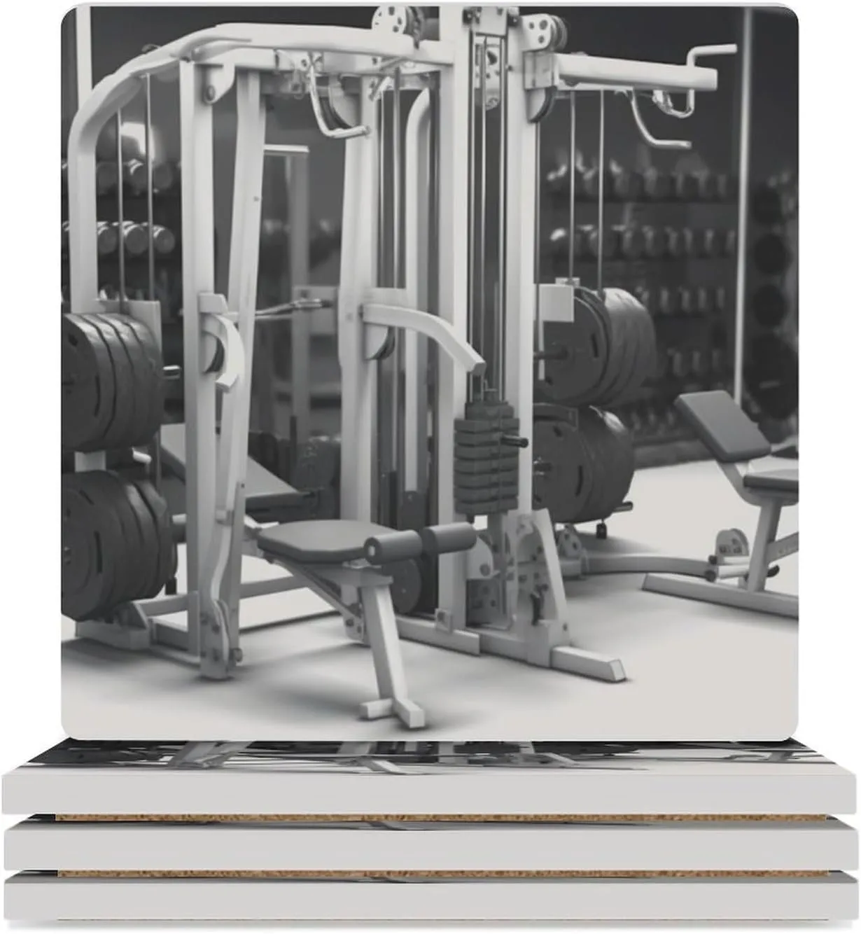 Decorative 4PCS Coaster Set Gym Equipment Printed Square Ceramic Coasters with Cork Bottom Stone Coasters Drink Coasters for Room Kitchen Bar Party Decor