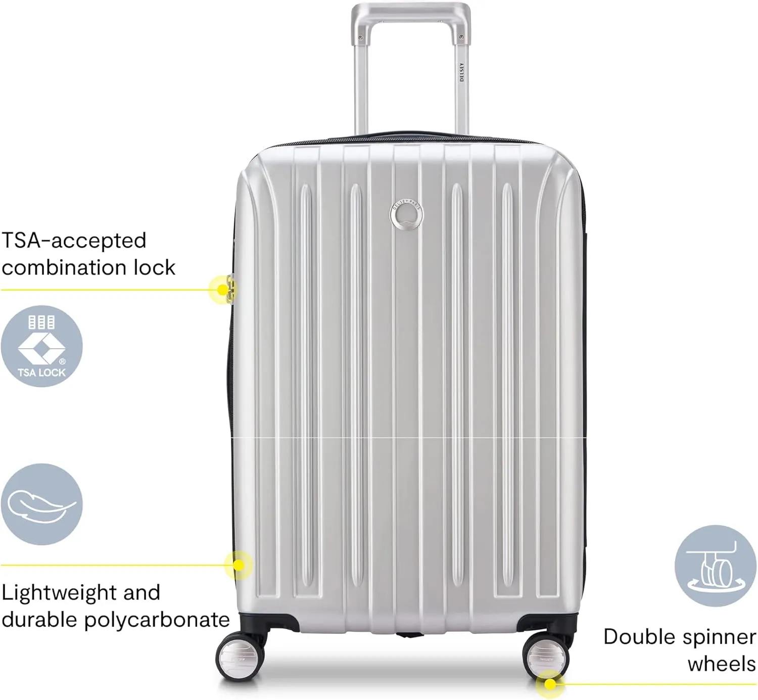 DELSEY PARIS Titanium Hardside Expandable Luggage with Spinner Wheels Carry-On Luggage, Silver, Carry-On 19 Inch