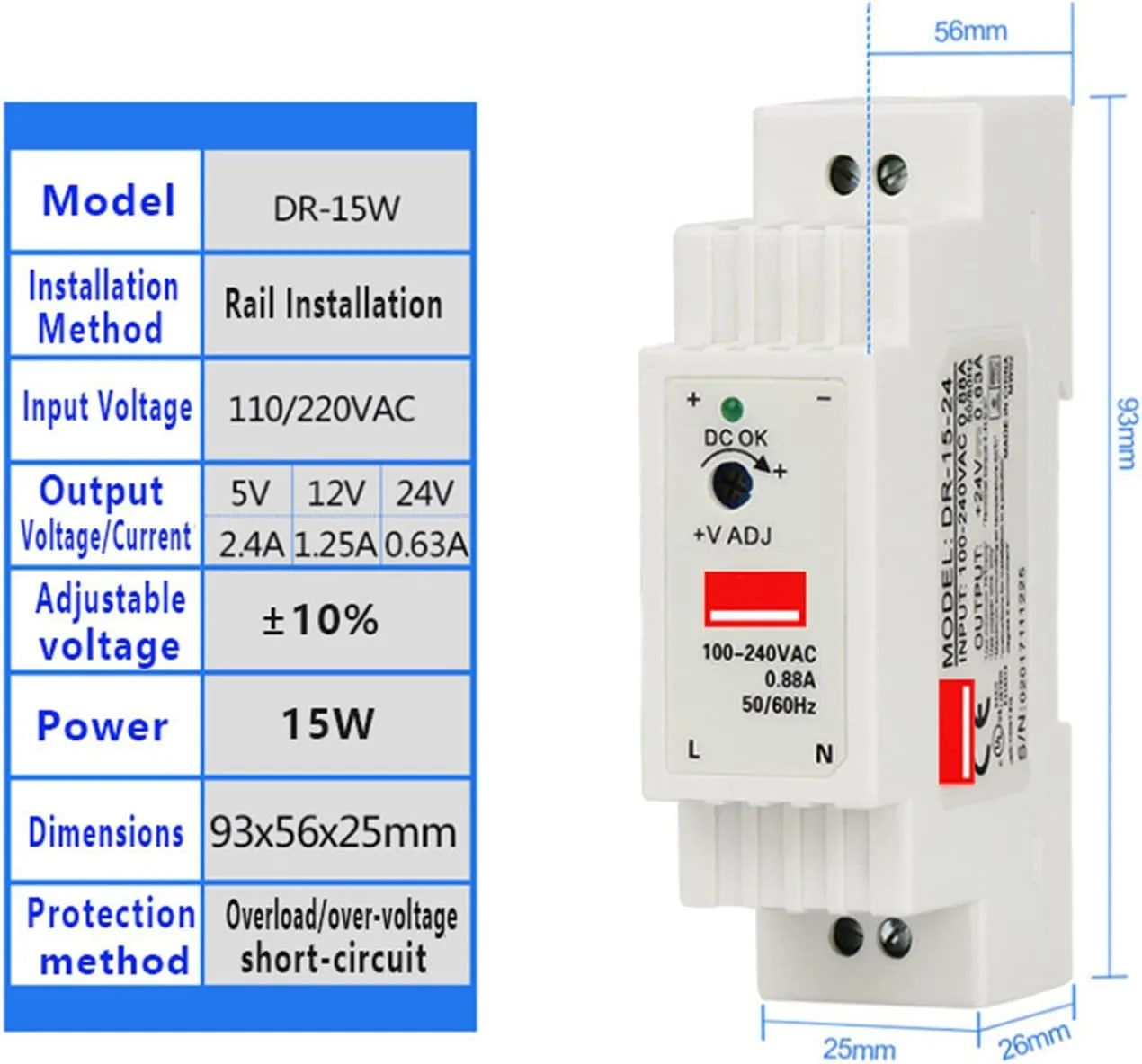DIN Rail Switching Power Supply DR-15W 30W 45W 60W Single Output 5V 12V 24V AC DC Converter Power Switch Input 110/240VAC (Size : 24V, Color : 15W)