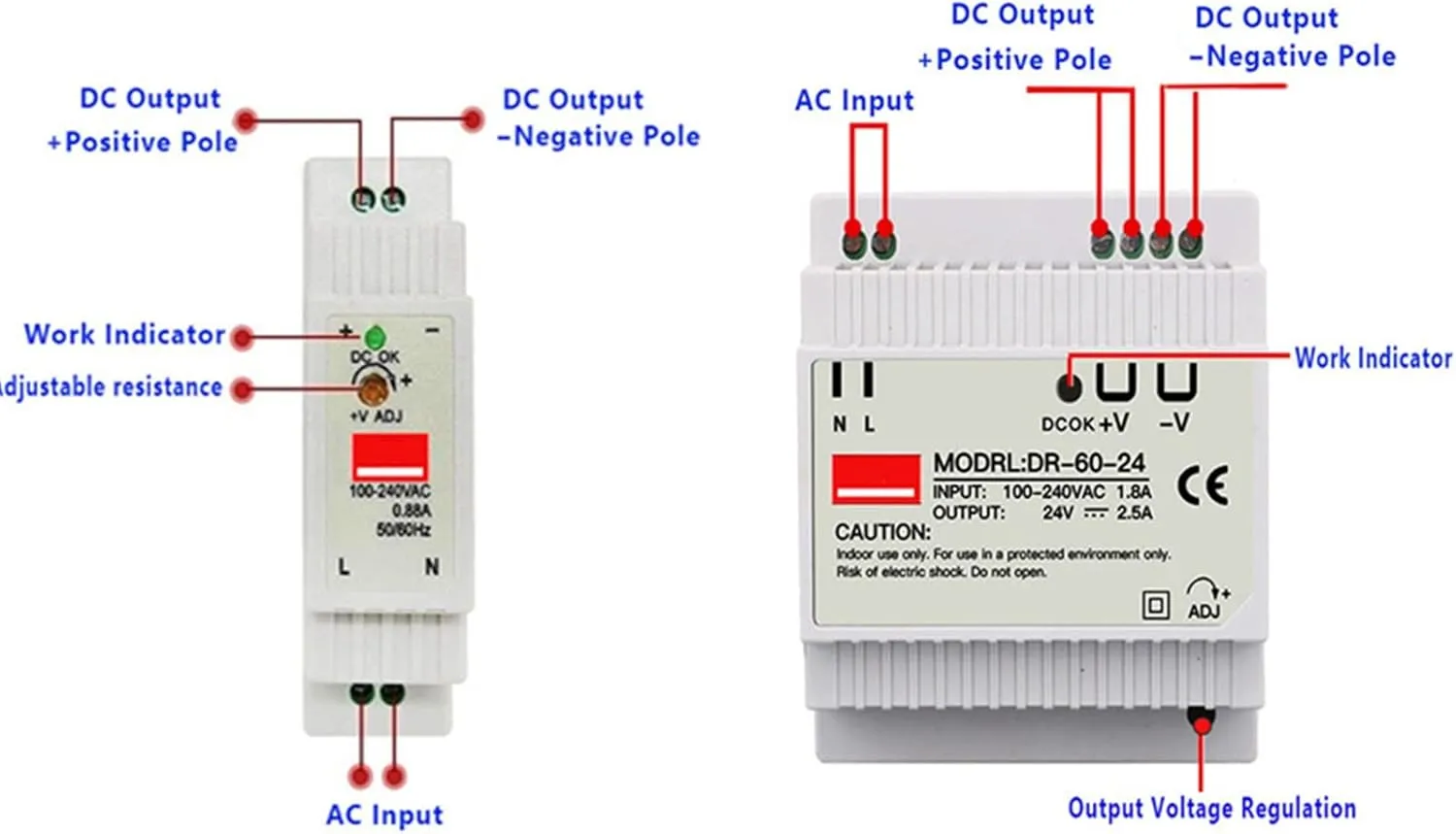 DIN Rail Switching Power Supply DR-15W 30W 45W 60W Single Output 5V 12V 24V AC DC Converter Power Switch Input 110/240VAC (Size : 24V, Color : 15W)