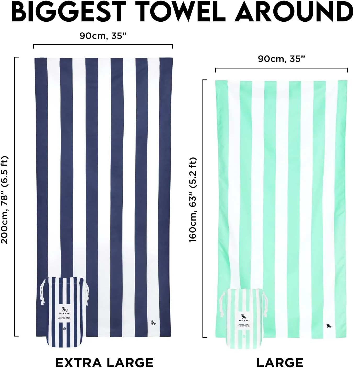 Dock & Bay Beach Towel - Quick Dry, Sand Free - Compact, Lightweight - 100% Recycled - Includes Bag - Cabana - Cancun Green - Large (160x90cm, 63x35)