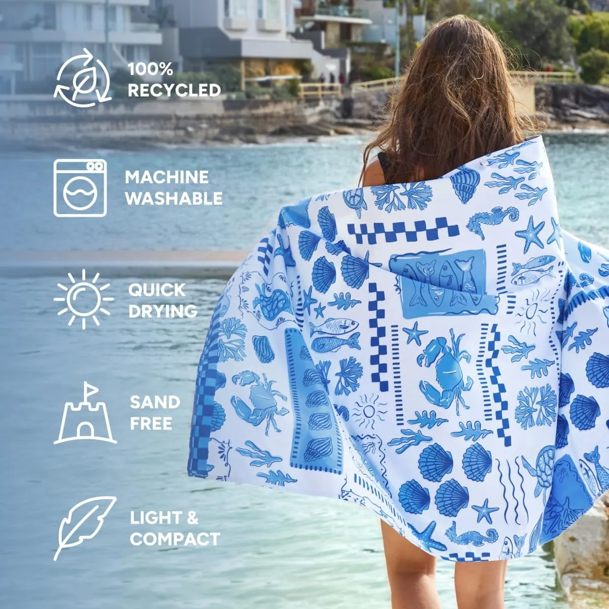 Dock & Bay Beach Towel - Quick Dry, Sand Free - Compact, Lightweight - 100% Recycled - Includes Bag - Grecian Shores - Large (160x90cm, 63x35)