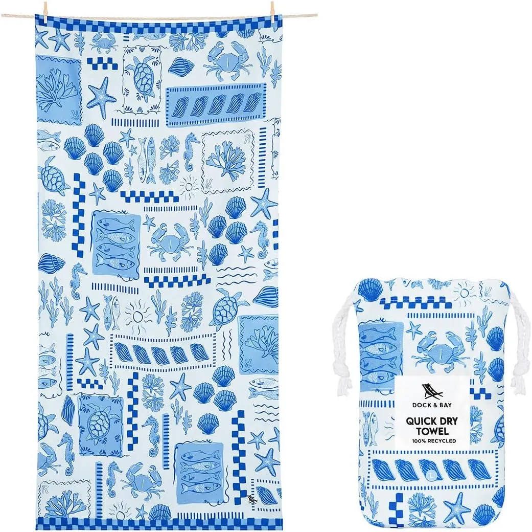 Dock & Bay Beach Towel - Quick Dry, Sand Free - Compact, Lightweight - 100% Recycled - Includes Bag - Grecian Shores - Large (160x90cm, 63x35)