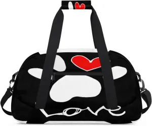 Dog Paw Print Gym Duffel Bag for Men Women Love Heart Pattern Sports Tote Bag with Adjustable Shoulder Strap for Dance Gymnastics Traveling Outdoor Camping Overnight Stay
