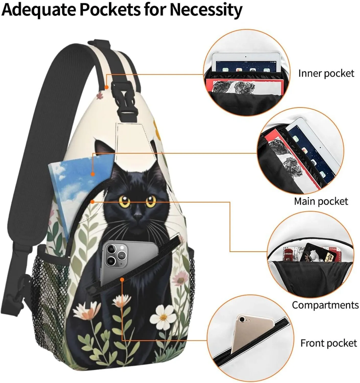 Dog Paw Sling Bag for Women Men Chicken Crossbody Bags Sunflower Chest Bag Gothic Skull Daypack Shoulder Bag Backpack (cat-2)