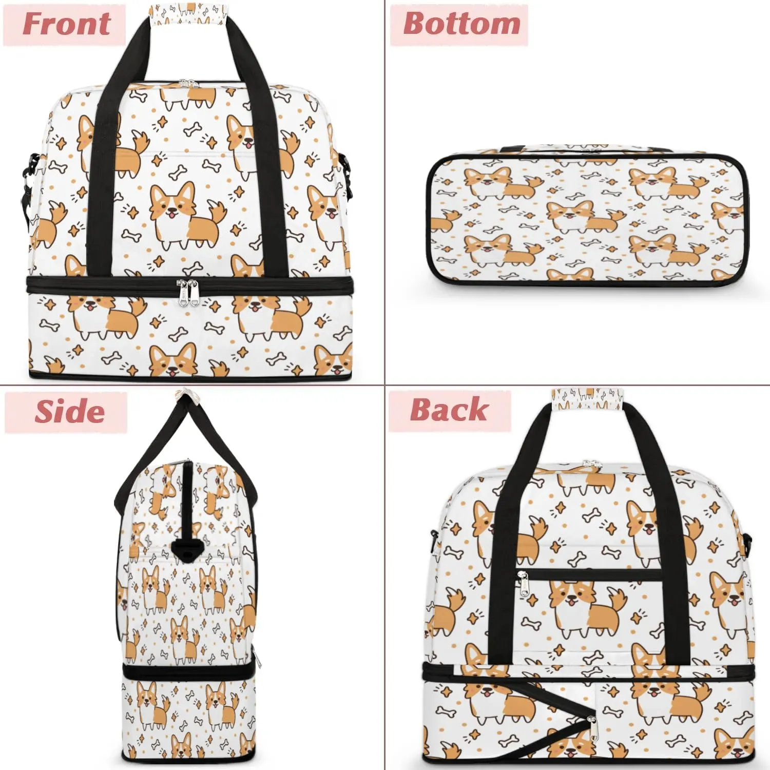 Dog Sports Gym Bag with Shoes Compartment Foldable Travel Duffel Bag Dry Wet Separated Sports Tote Workout Weekender Overnight Bag for Women Yoga Dance Work Training Handbag