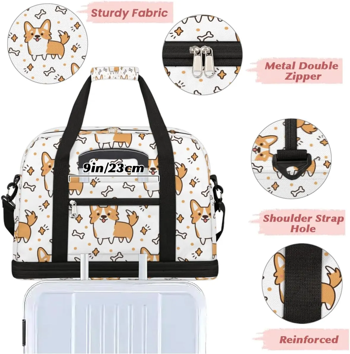 Dog Sports Gym Bag with Shoes Compartment Foldable Travel Duffel Bag Dry Wet Separated Sports Tote Workout Weekender Overnight Bag for Women Yoga Dance Work Training Handbag