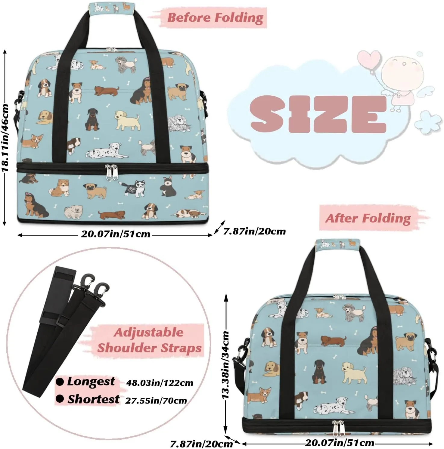 Dogs Sports Gym Bag with Shoes Compartment Foldable Travel Duffel Bag Dry Wet Separated Sports Tote Workout Weekender Overnight Bag for Women Yoga Dance Work Training Handbag