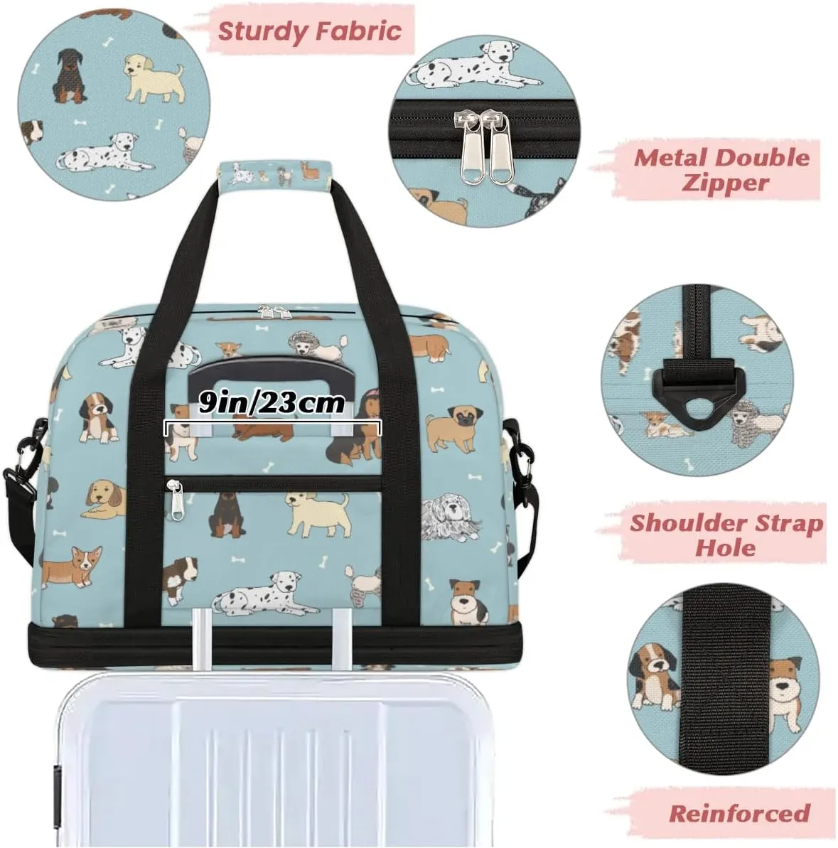 Dogs Sports Gym Bag with Shoes Compartment Foldable Travel Duffel Bag Dry Wet Separated Sports Tote Workout Weekender Overnight Bag for Women Yoga Dance Work Training Handbag