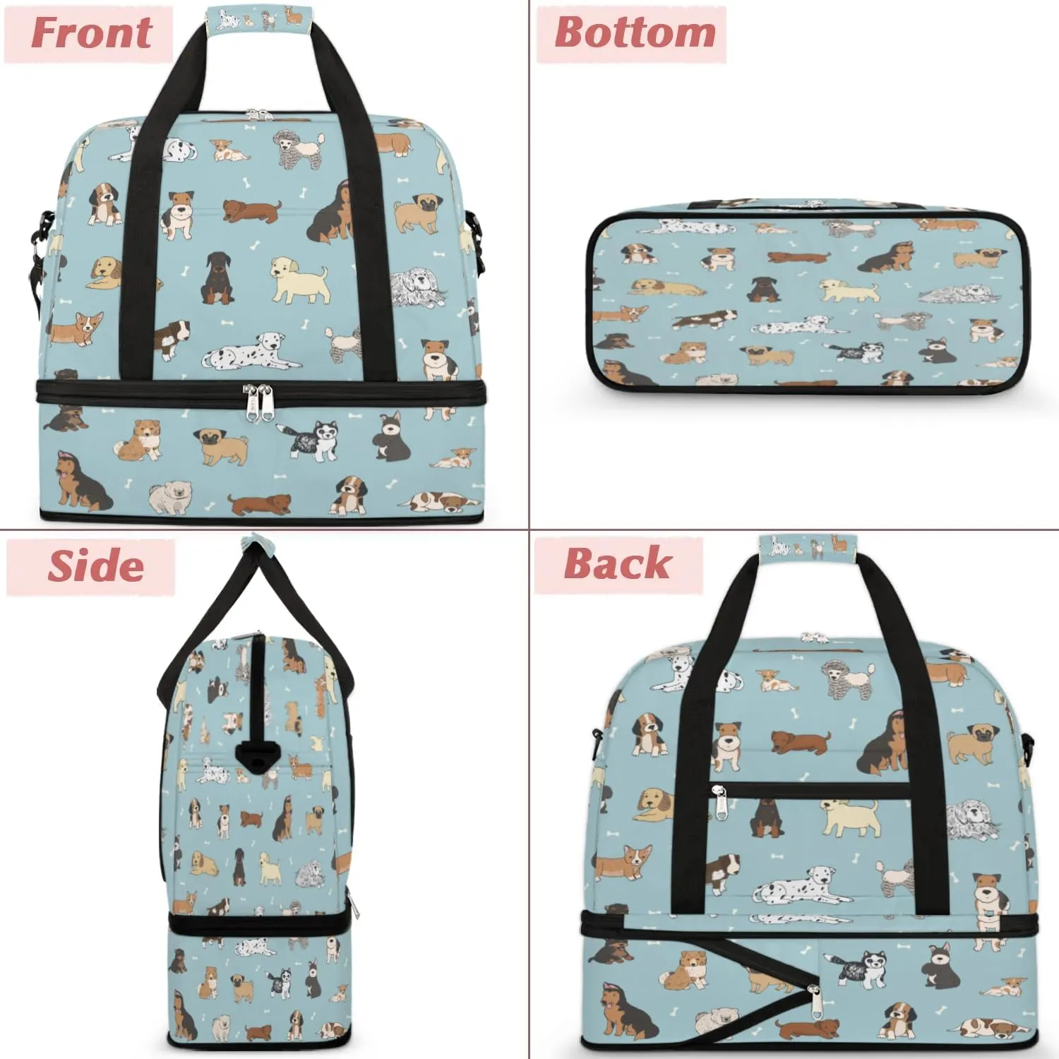 Dogs Sports Gym Bag with Shoes Compartment Foldable Travel Duffel Bag Dry Wet Separated Sports Tote Workout Weekender Overnight Bag for Women Yoga Dance Work Training Handbag