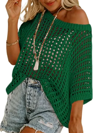 Dokotoo Womens Summer Scoop Neck Short Sleeve Sweater Casual Crochet Hollow Out Knit Tops Pullover Shirts Beach Coverup