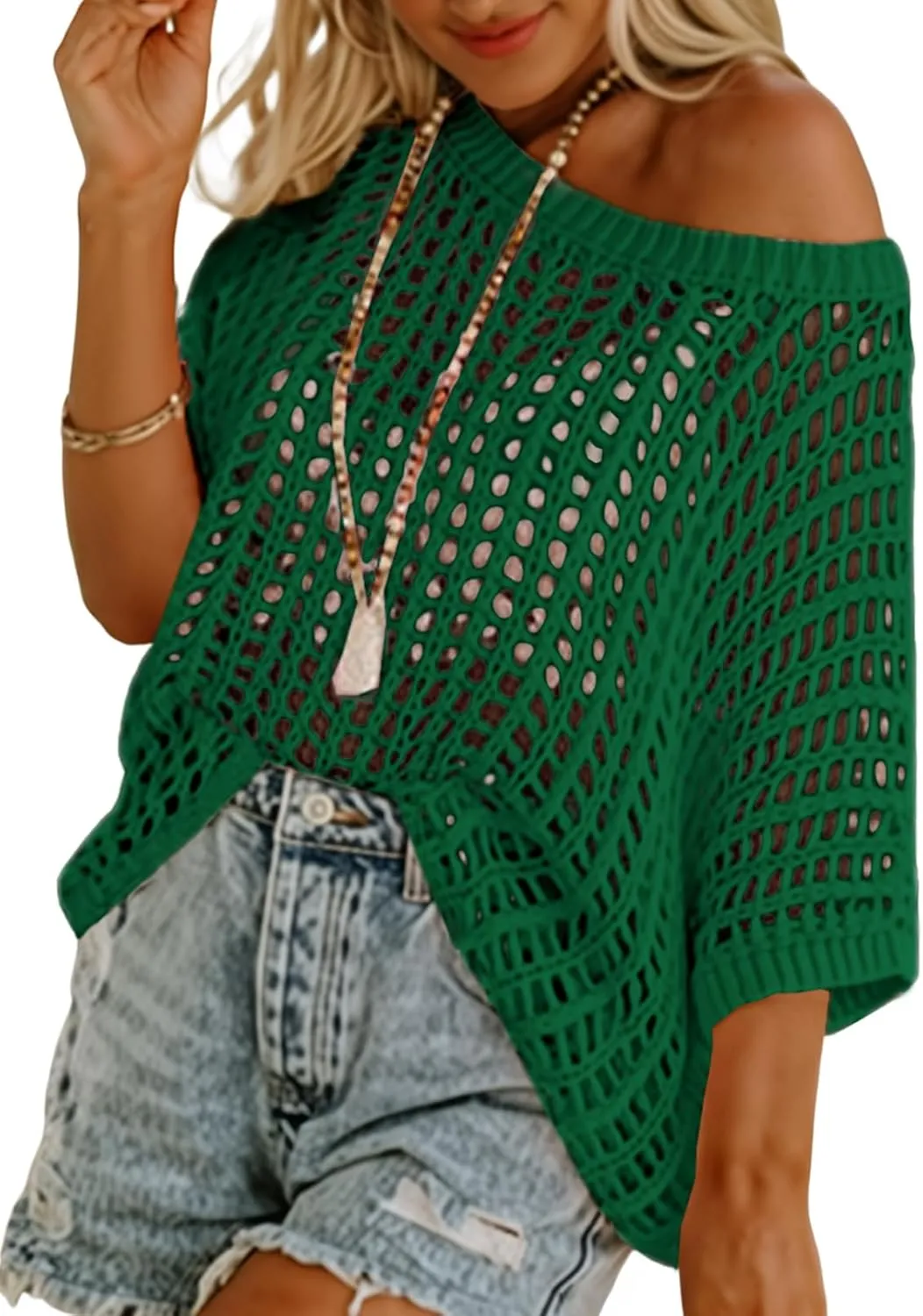 Dokotoo Womens Summer Scoop Neck Short Sleeve Sweater Casual Crochet Hollow Out Knit Tops Pullover Shirts Beach Coverup