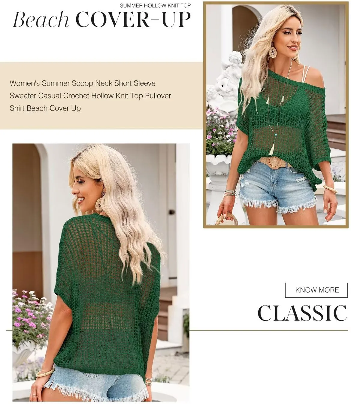 Dokotoo Womens Summer Scoop Neck Short Sleeve Sweater Casual Crochet Hollow Out Knit Tops Pullover Shirts Beach Coverup