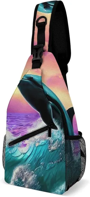 Dolphin Jumping Waves Crossbody Sling Backpack Sling Bag Adjustable Travel Hiking Chest Bags Daypack