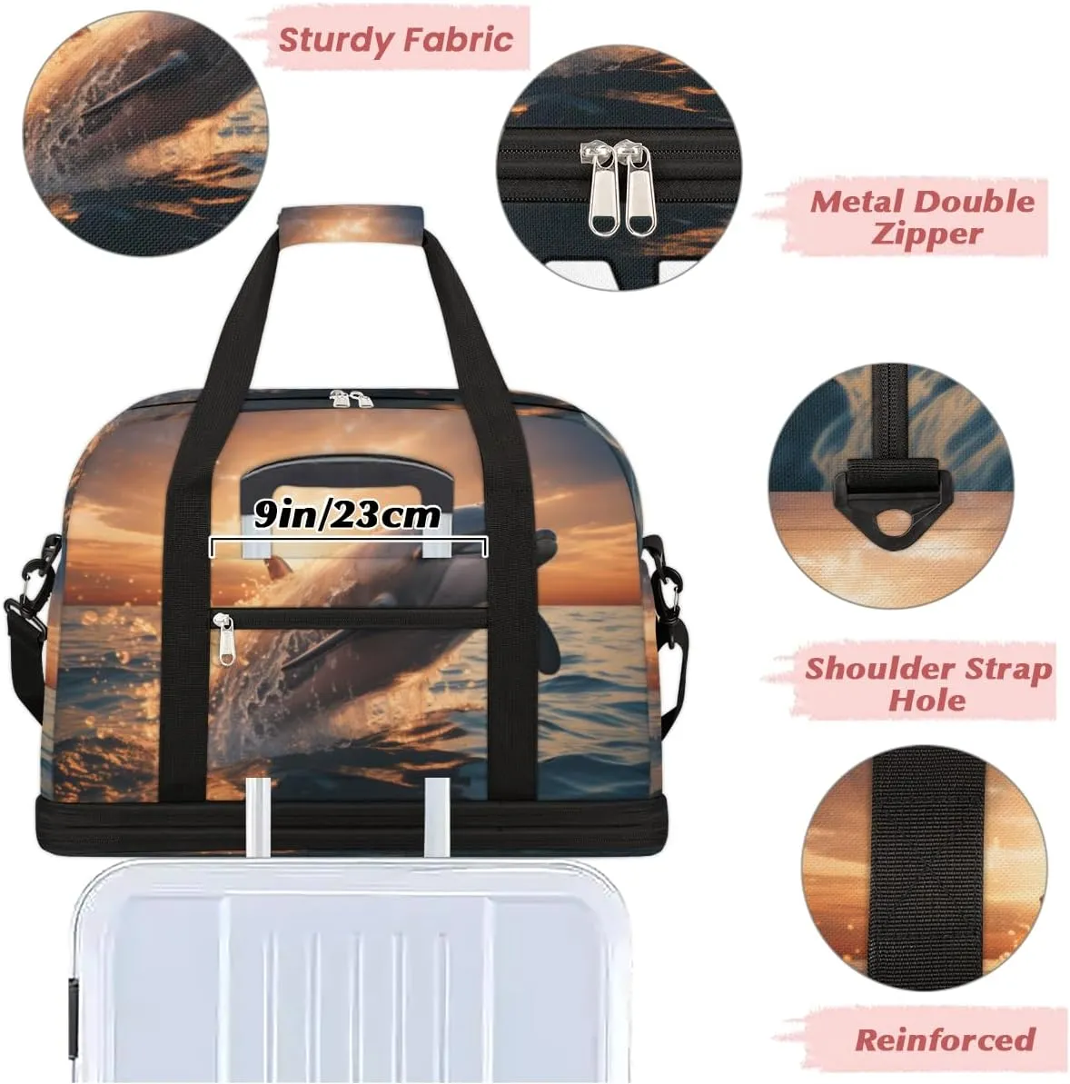Dolphin Sea Design Custom Foldable Duffle Bag with Shoes Compartment Personalized Large Capacity Waterproof Travel Weekender Bag Overnight Bag for Sports Gym