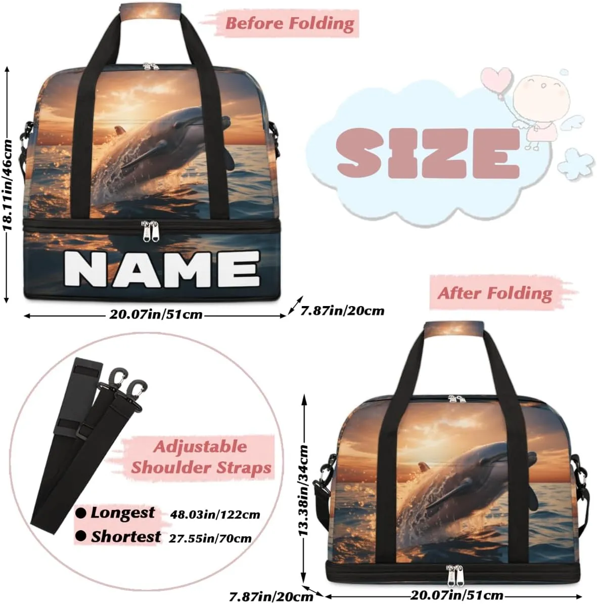 Dolphin Sea Design Custom Foldable Duffle Bag with Shoes Compartment Personalized Large Capacity Waterproof Travel Weekender Bag Overnight Bag for Sports Gym