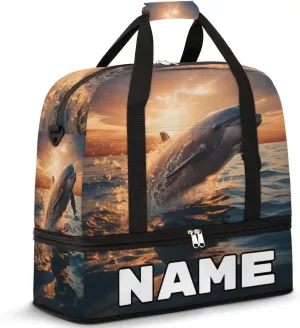 Dolphin Sea Design Custom Foldable Duffle Bag with Shoes Compartment Personalized Large Capacity Waterproof Travel Weekender Bag Overnight Bag for Sports Gym