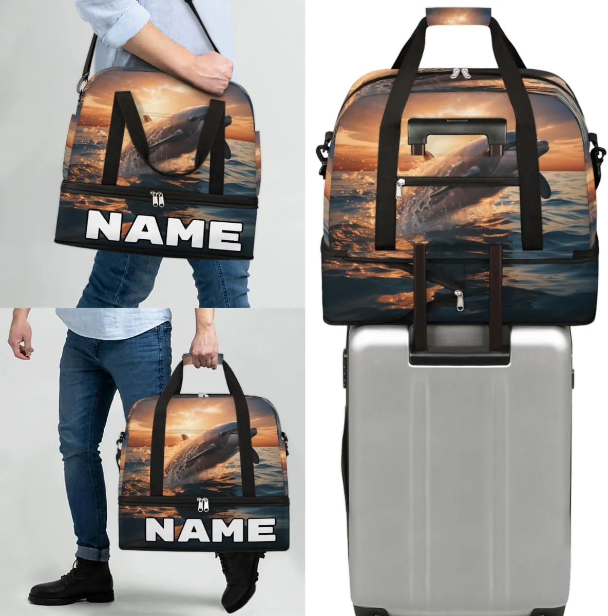 Dolphin Sea Design Custom Foldable Duffle Bag with Shoes Compartment Personalized Large Capacity Waterproof Travel Weekender Bag Overnight Bag for Sports Gym