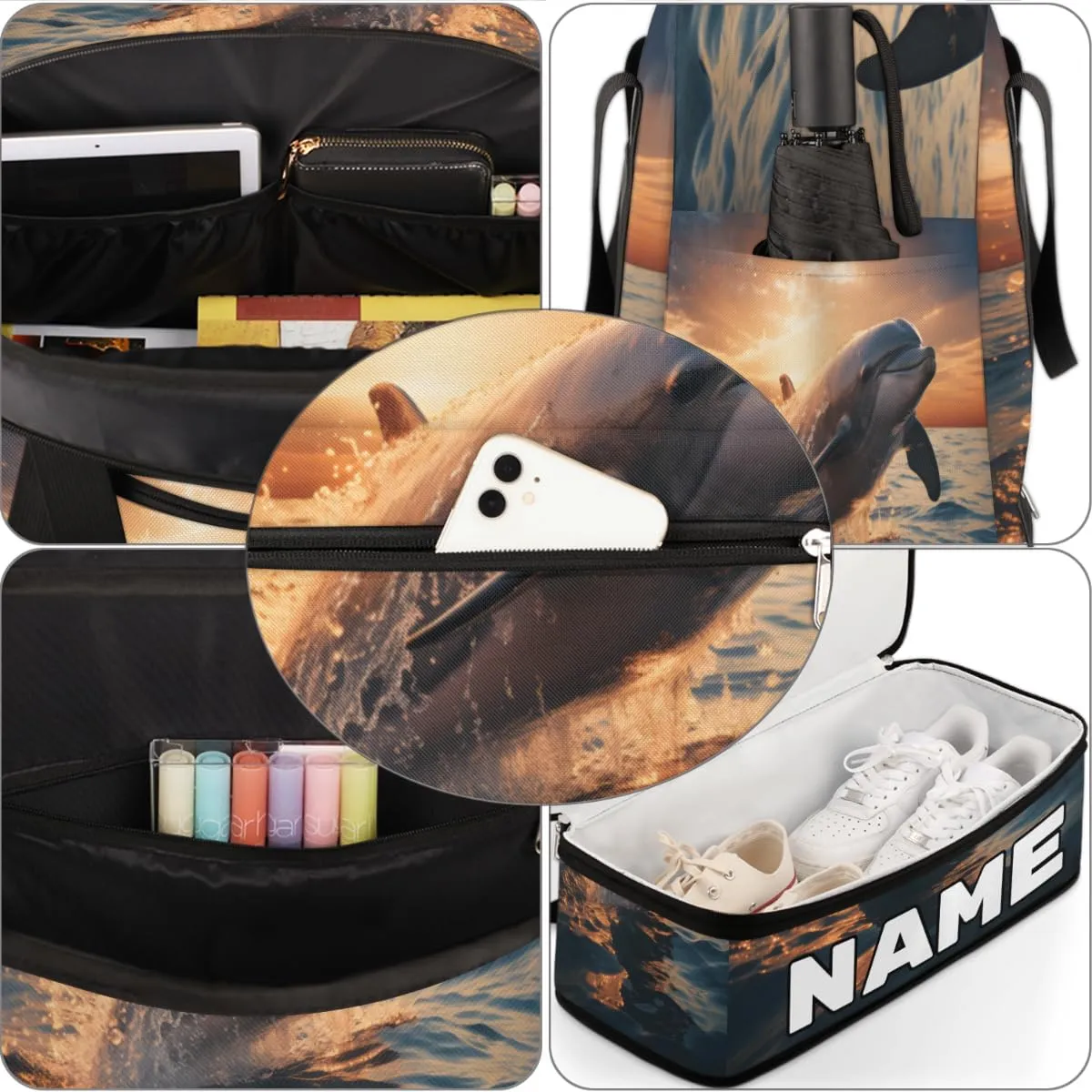 Dolphin Sea Design Custom Foldable Duffle Bag with Shoes Compartment Personalized Large Capacity Waterproof Travel Weekender Bag Overnight Bag for Sports Gym