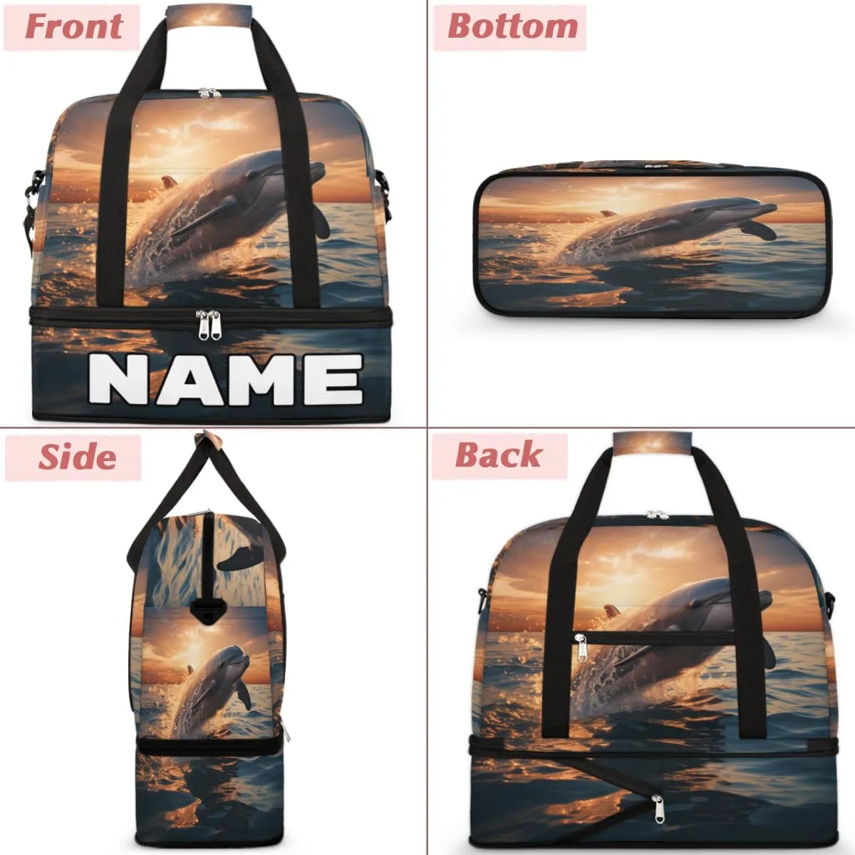 Dolphin Sea Design Custom Foldable Duffle Bag with Shoes Compartment Personalized Large Capacity Waterproof Travel Weekender Bag Overnight Bag for Sports Gym