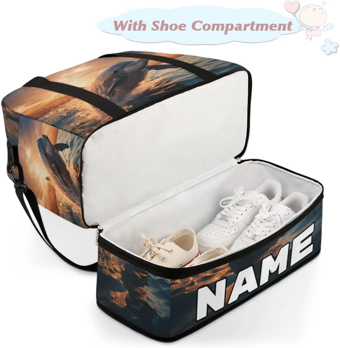 Dolphin Sea Design Custom Foldable Duffle Bag with Shoes Compartment Personalized Large Capacity Waterproof Travel Weekender Bag Overnight Bag for Sports Gym