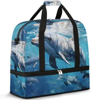 Dolphins Ocean Travel Duffel Bag for Women Men Weekender Overnight Bag with Shoe Compartment Foldable Sports Gym Luggage Bag