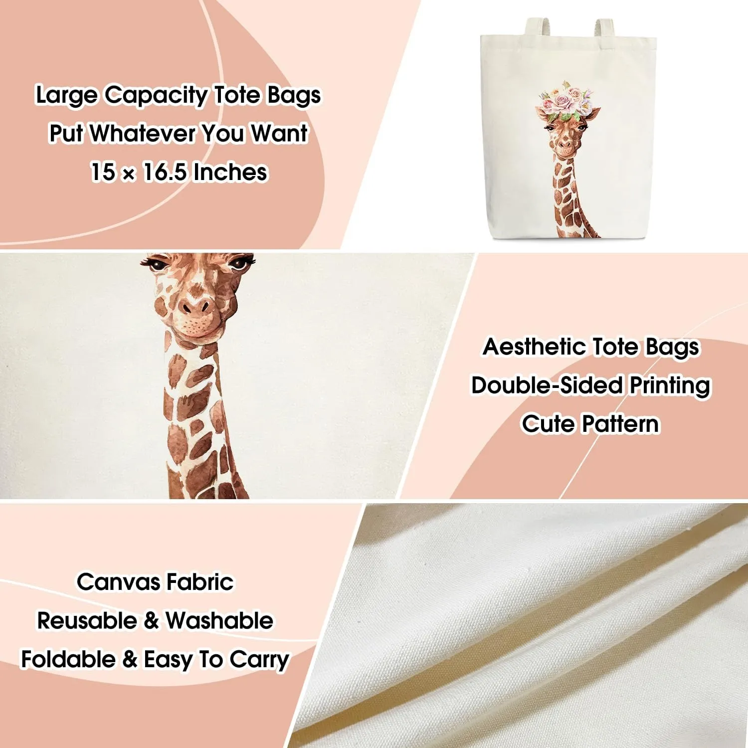 Doreen's Boutique Giraffe Tote - Aesthetic Canvas Bag for Women, Cute Giraffe Gifts, Reusable Grocery & Beach Shoulder Bag