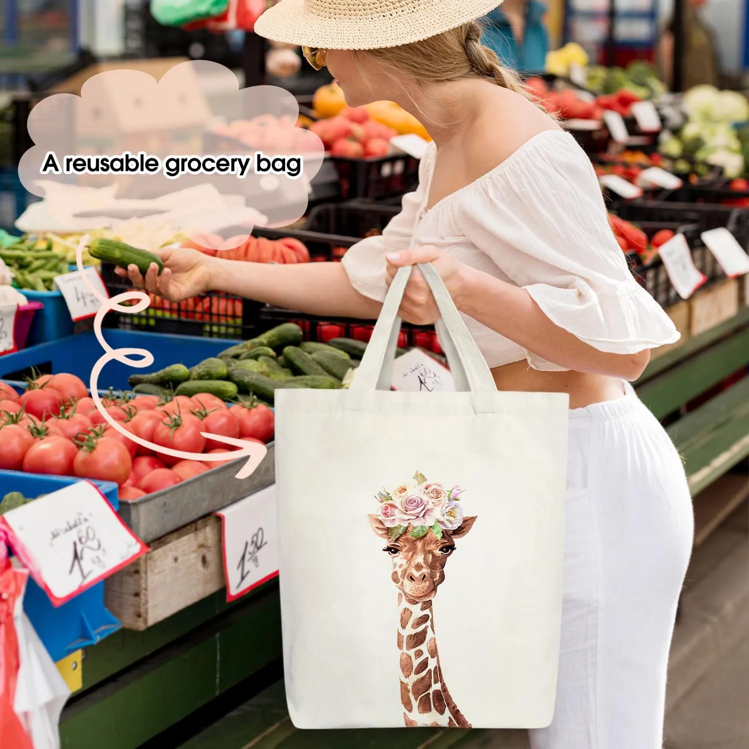 Doreen's Boutique Giraffe Tote - Aesthetic Canvas Bag for Women, Cute Giraffe Gifts, Reusable Grocery & Beach Shoulder Bag