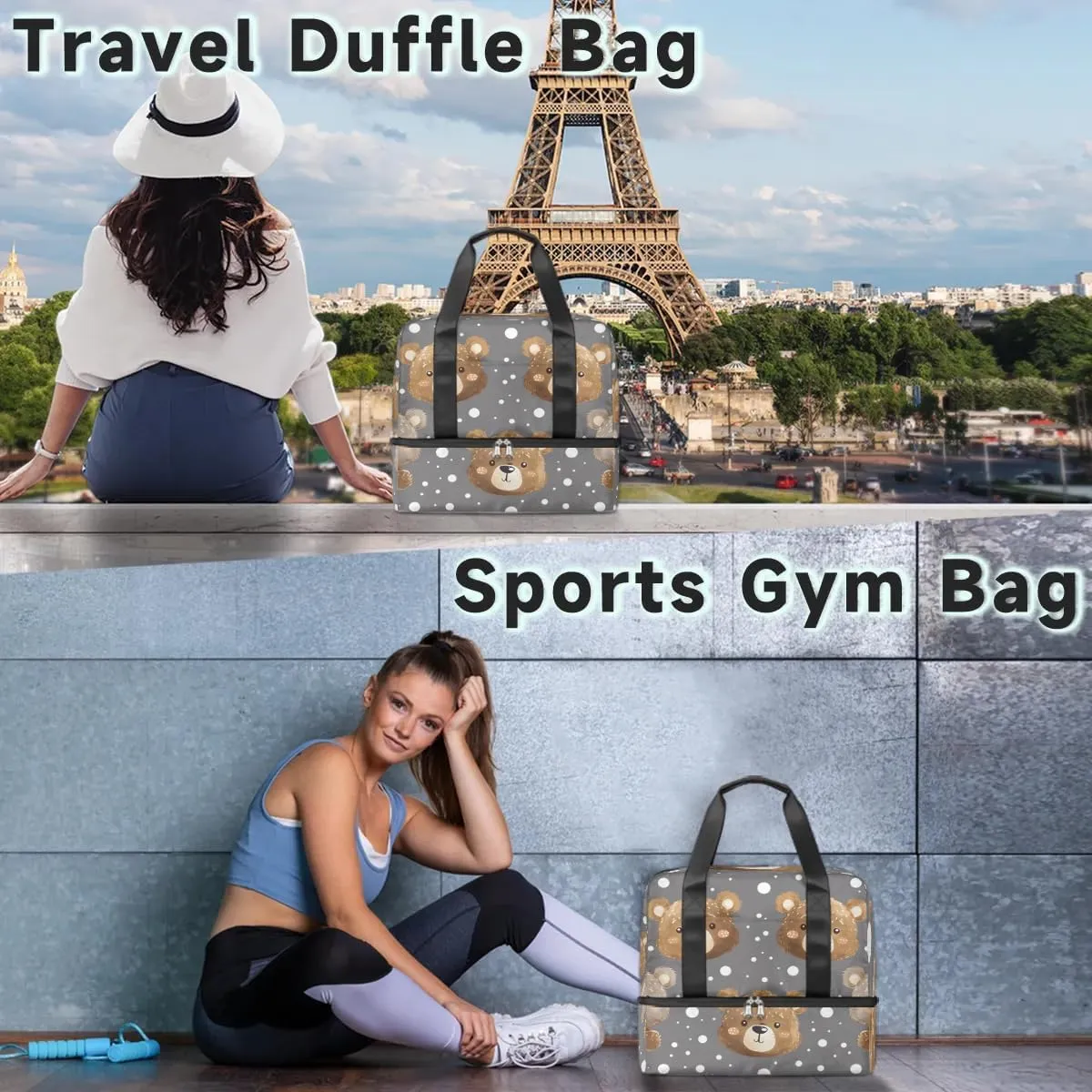 Dots Bears Travel Duffel Bag Dry Wet Separated Sports Tote Travel Duffle Bag Gym Workout Bag Women Travel Duffel Bag for Women, Travel, Gym, Work
