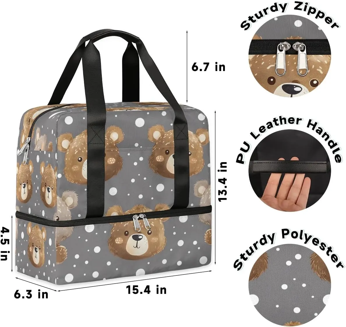 Dots Bears Travel Duffel Bag Dry Wet Separated Sports Tote Travel Duffle Bag Gym Workout Bag Women Travel Duffel Bag for Women, Travel, Gym, Work