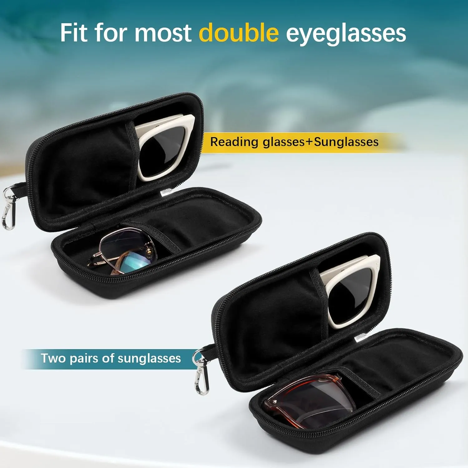 Double Eyeglasses Case Hard Shell Dual Sunglasses Organizer with Zipper Closure Travel Eyewear Storage for Vehicle
