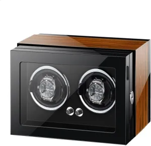 Double Watch Winder for Automatic Watches with Motor Led Light Adjustable Watch Pillows Wood Shell Piano Paint Exterior Watches Display Box Fit Lady and Man,Ebony Wood