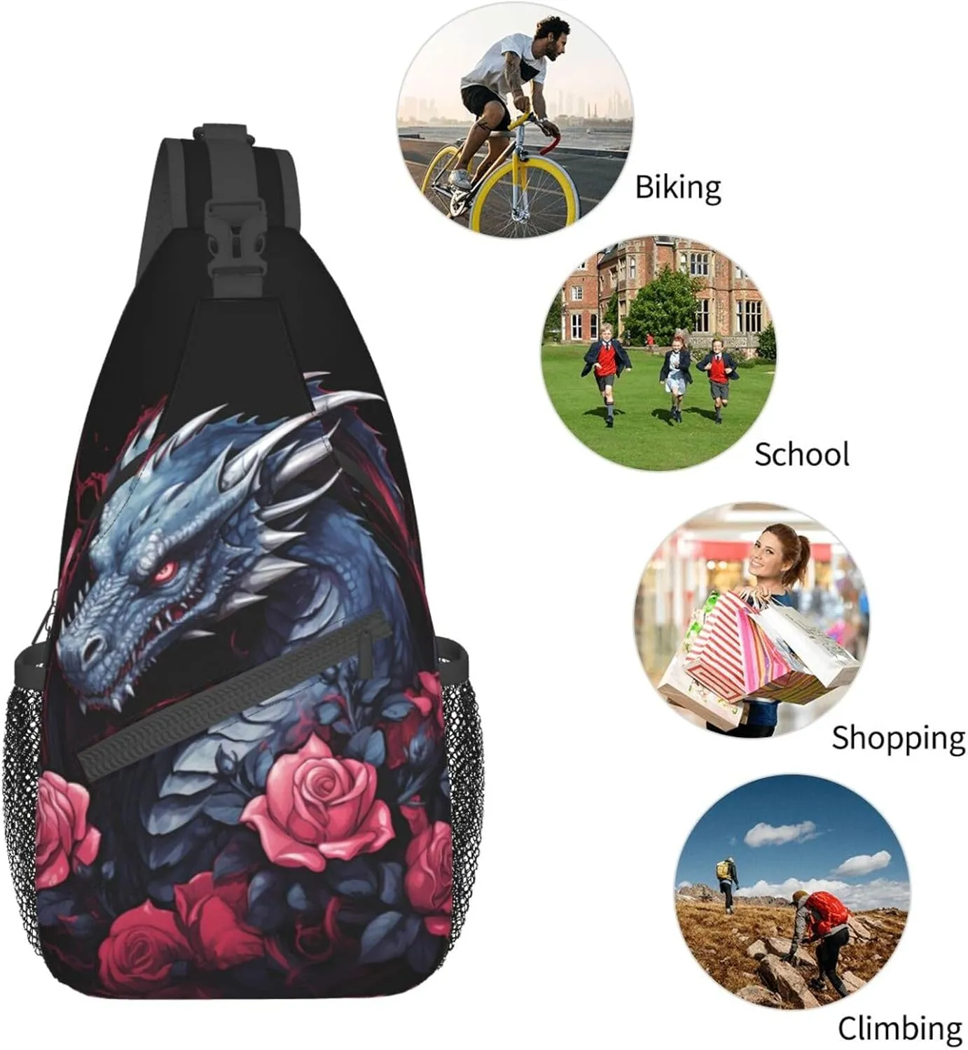 Dragon And Rose Outdoor Crossbody Shoulder Bag For Unisex Young Adult Hiking Bicycling