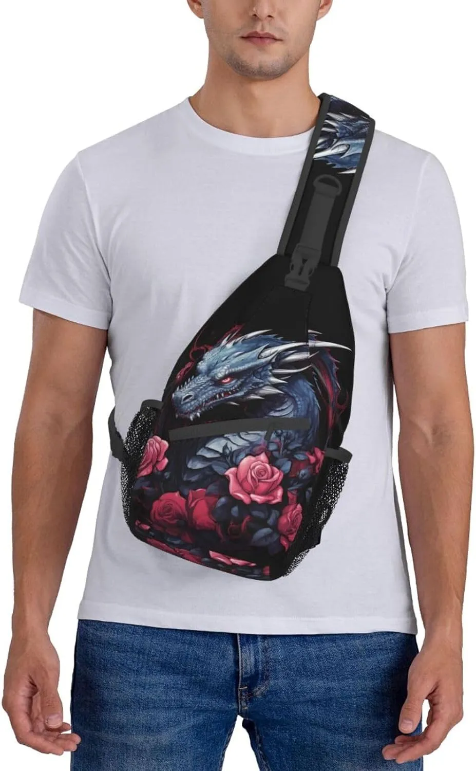 Dragon And Rose Outdoor Crossbody Shoulder Bag For Unisex Young Adult Hiking Bicycling