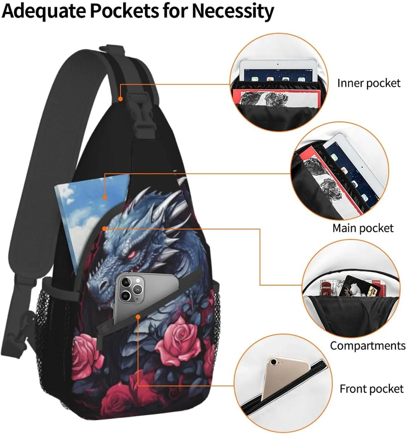 Dragon And Rose Outdoor Crossbody Shoulder Bag For Unisex Young Adult Hiking Bicycling
