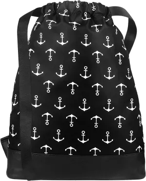 Drawstring Backpack Bag Sport Gym Sackpack，With Zipper Pocket and Reinforced Bottom (Black Anchor II)