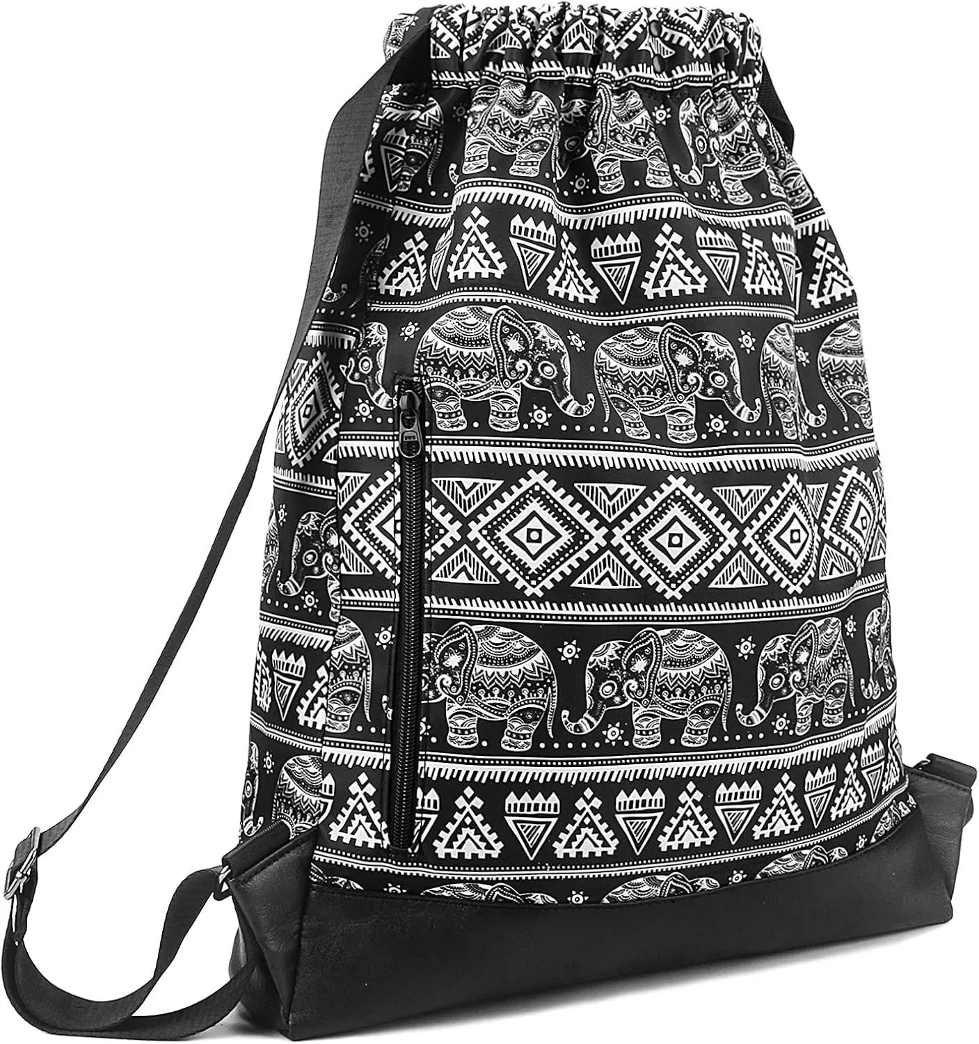 Drawstring Backpack Bag Sport Gym Sackpack，With Zipper Pocket and Reinforced Bottom (Black Elephant)